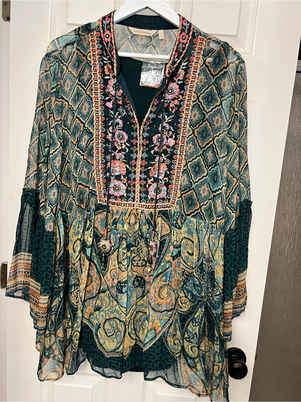 Soft Surroundings Teal Multi Boho Embroidered Tunic